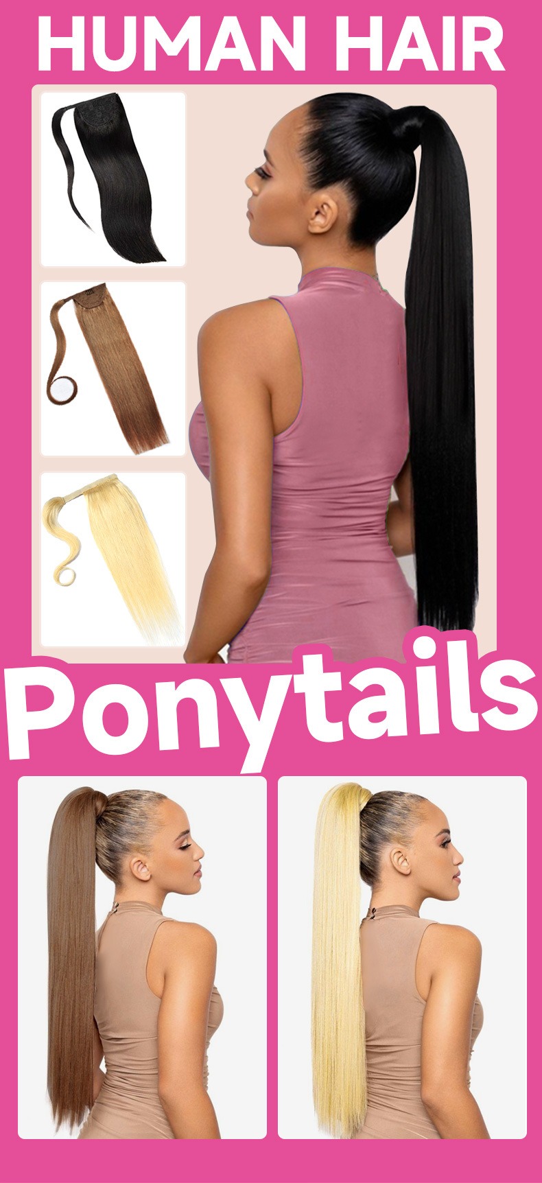 Human hair ponytail wig with Velcro attachment, perfect for quick and easy ponytail hairstyles